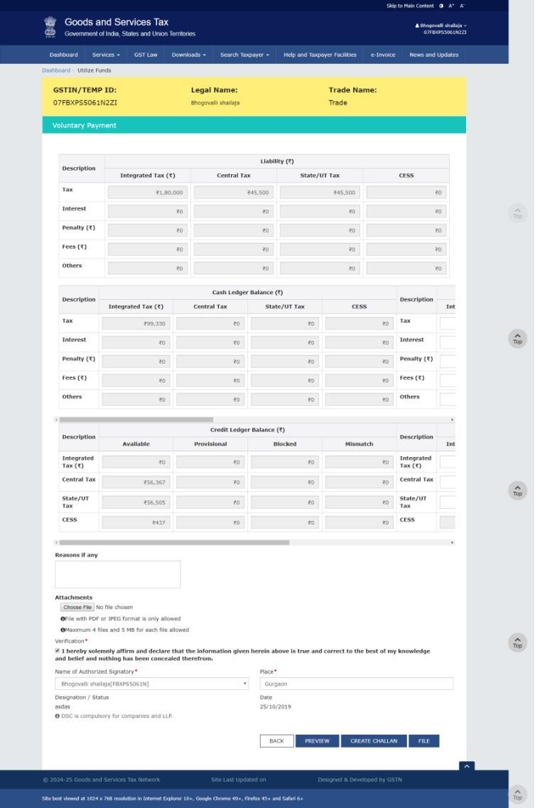 How can I make payment against the liability (tax, interest, penalty and others) based on self-ascertainment of tax and on ascertainment of tax by Tax Officer?