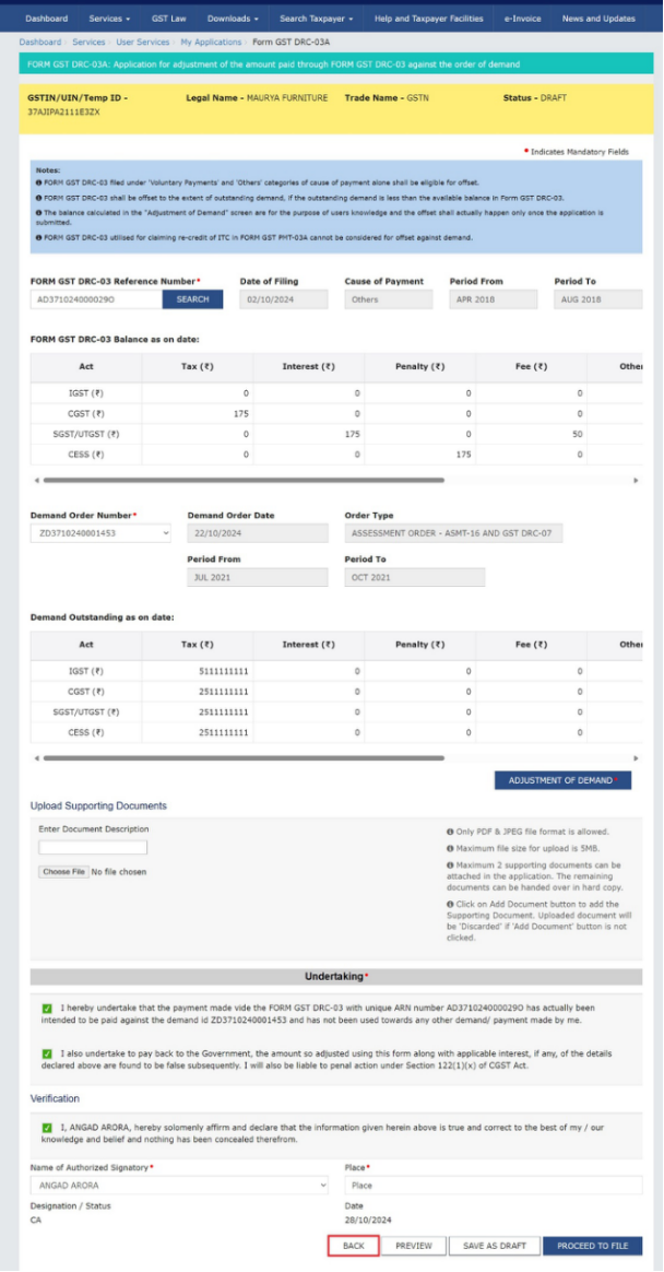 How can I make payment against the liability (tax, interest, penalty and others) based on self-ascertainment of tax and on ascertainment of tax by Tax Officer?