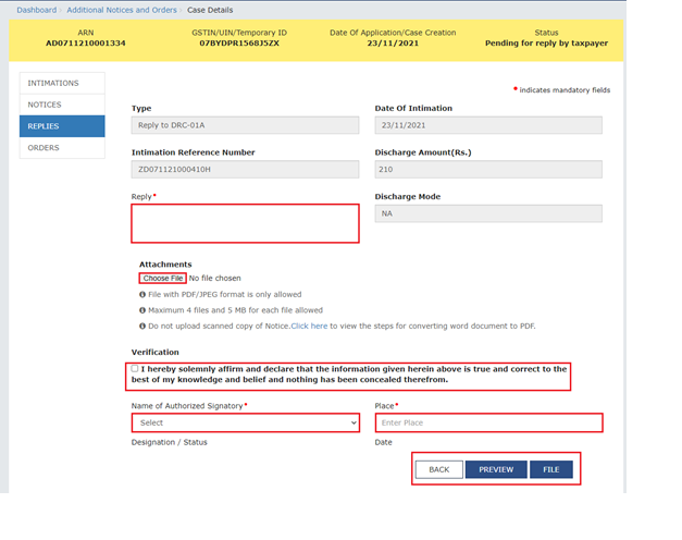 How can I file reply to intimation issued in Form GST DRC-01A and File reply in Form GST DRC-06 in response to proceedings initiated against me, by Tax Officer, u/s 73 and 74 related to determination of tax?