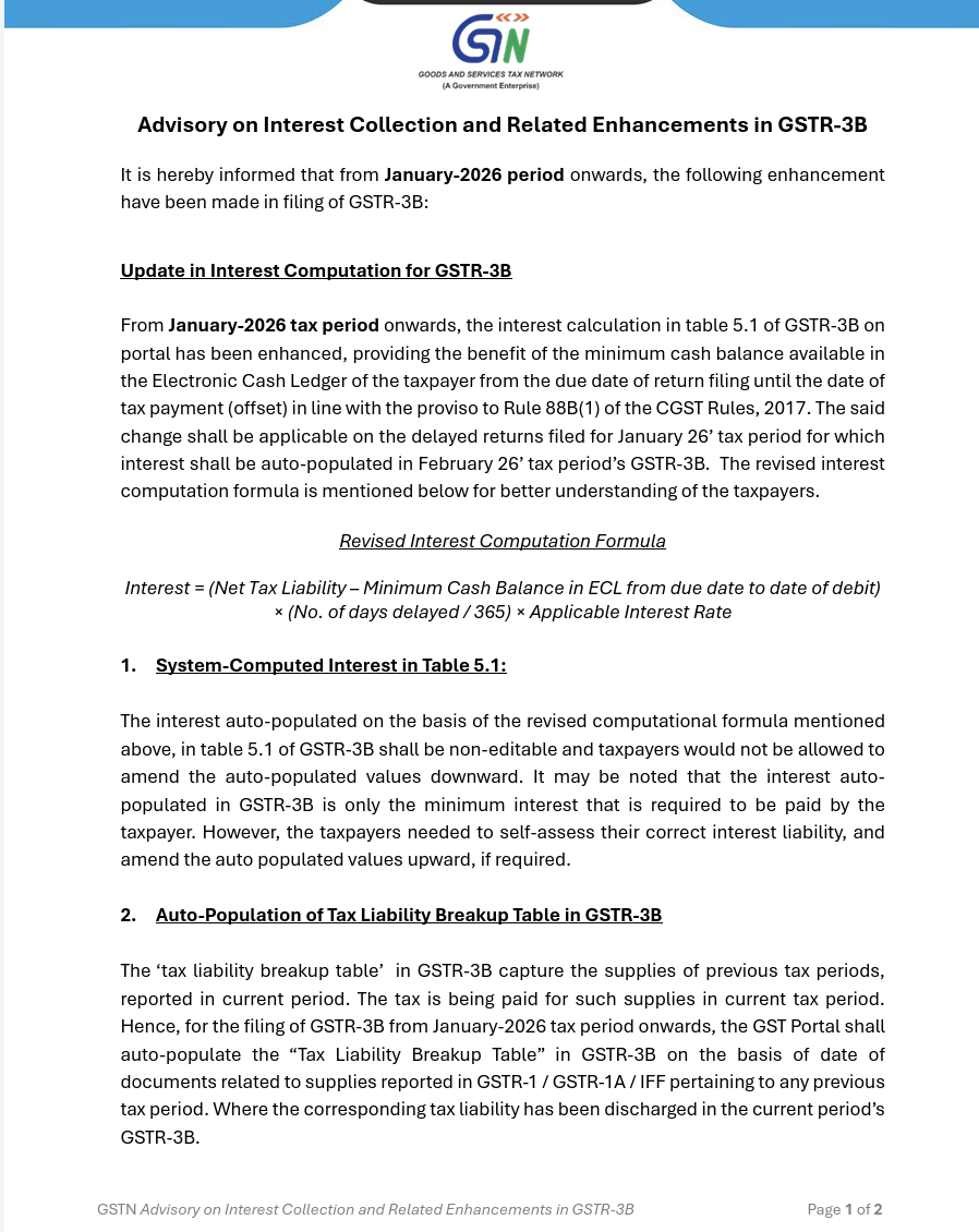 GSTN advisory on GSTR-3B system changes effective January 2026