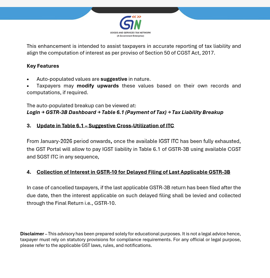 GSTR-3B interest and tax liability auto-population changes from January 2026